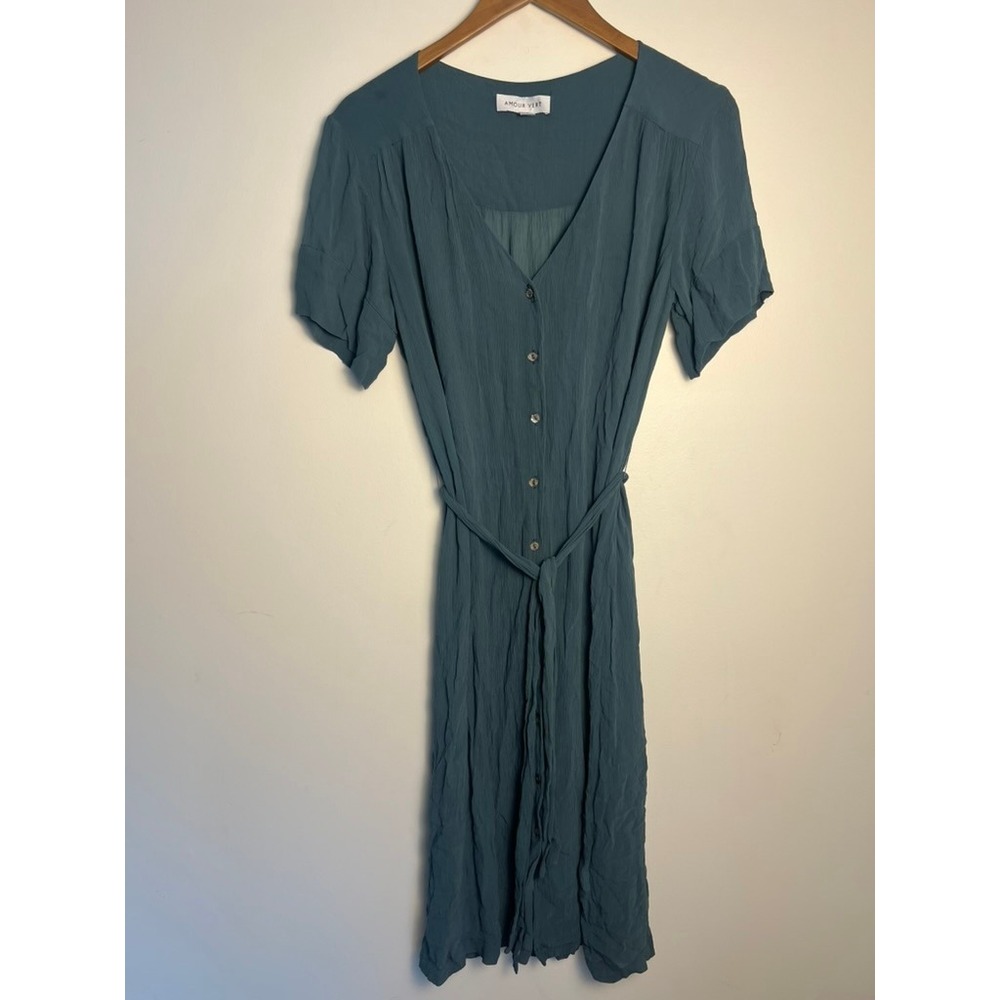 Amour Vert Sm Teal Blue Cupro Crinkle Button Front Midi Dress‎ USA Made